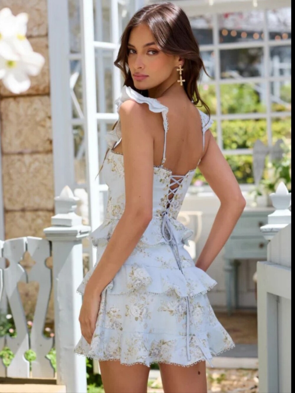 v. chapman Pale Blue Dress with Cream & Gold Floral Print
